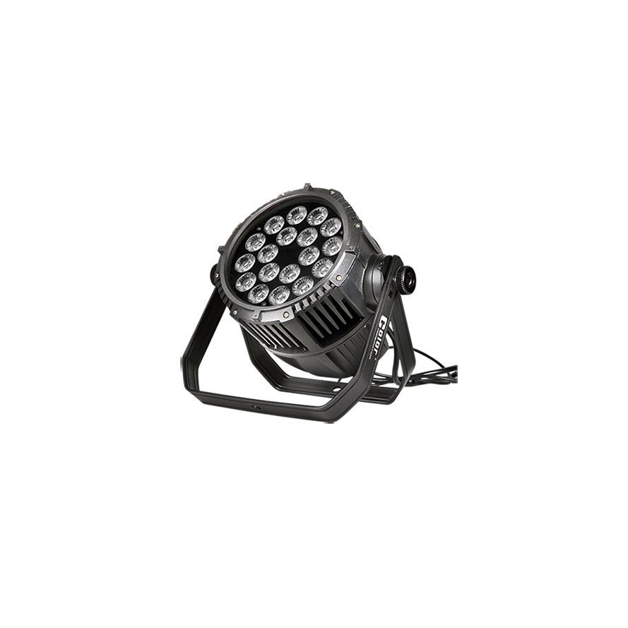 45-degree angle view of the LEDPAR 18-IP fixture showing matte aluminum housing and dual-yoke bracket