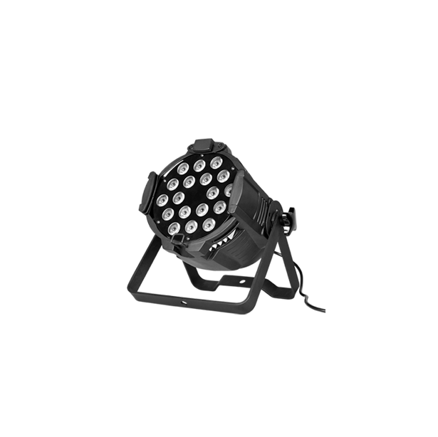 Front-facing view of the LEDPAR 18 fixture showing the aluminum housing and dual-yoke bracket